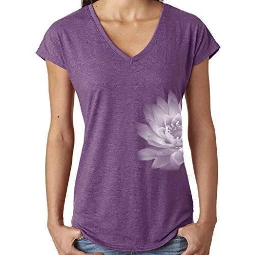 Womens Lotus Flower V-neck Tee Shirt - Side Print Beaded Sequined Faux Fur