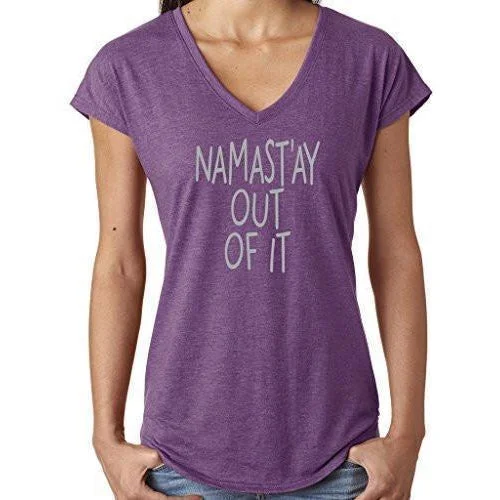 Ladies Vee Neck Yoga Tee Shirt - "Namast'ay Out of It" Houndstooth Herringbone Solid