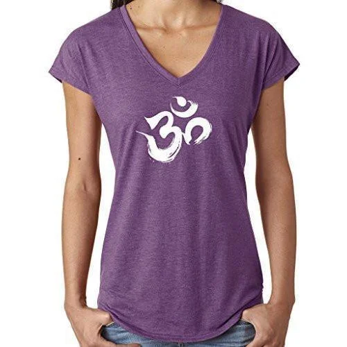 Ladies Brushstroke AUM V-neck Tee Shirt Graphic Embroidered Appliqued