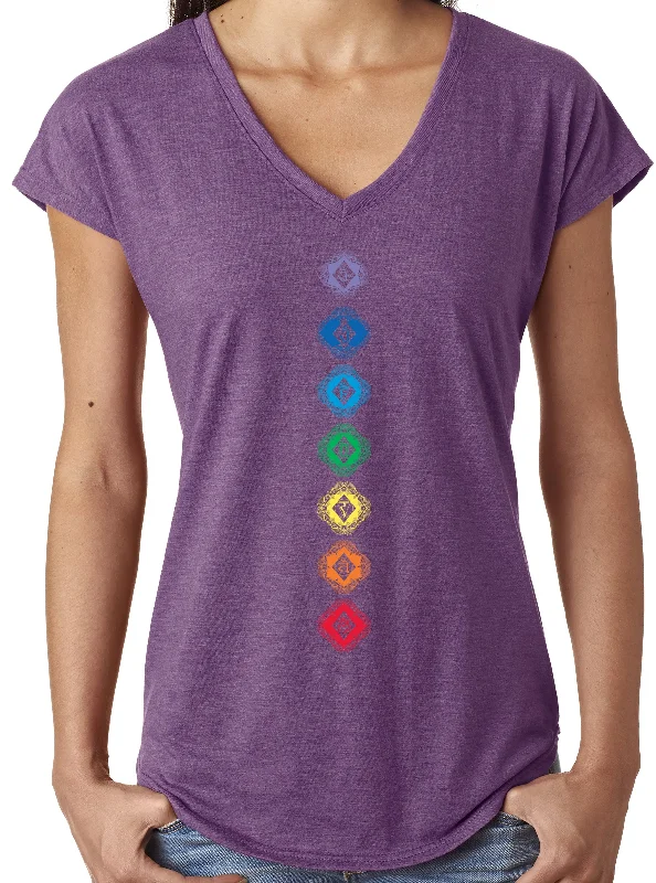 Ladies Diamond Chakras V-Neck Tee Shirt Print Jacquard Patchwork