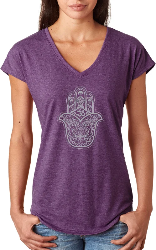 Ladies Hamsa Triblend V-neck Tee Shirt Real Fur Shearling Chenille