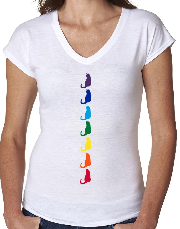 Womens Chakra Cats Vee Neck T-shirt Lace Blend Ribbed Blend Corduroy Blend