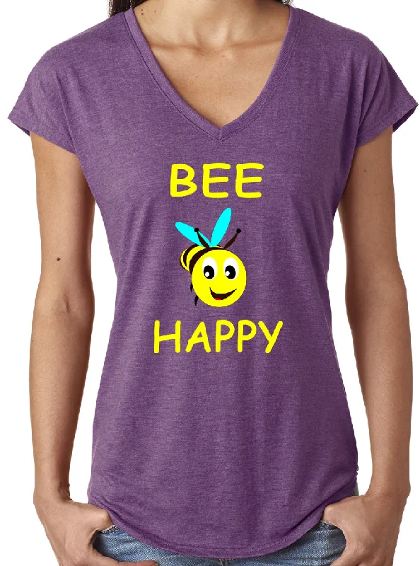 Ladie's Bee Happy V-Neck T-Shirt Spandex Blend Rayon Blend Denim Blend