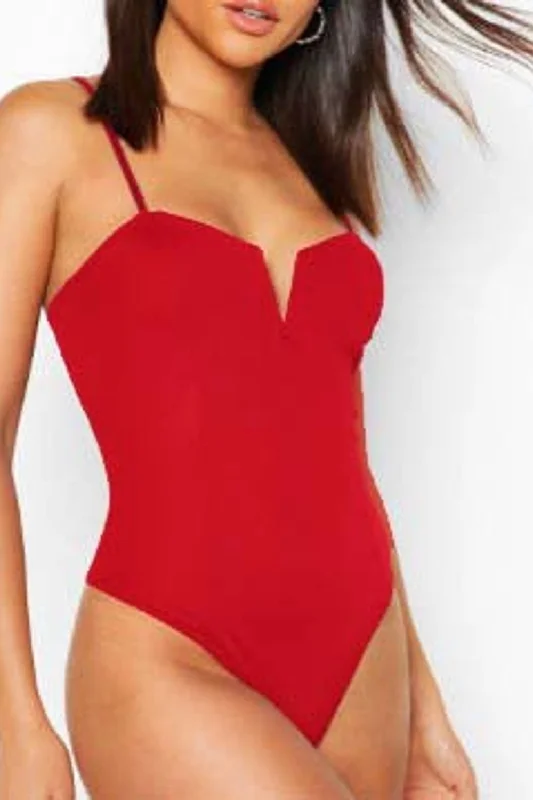 Blood Red Plunge Front Bodysuit Comfortable Velvet Bodysuit