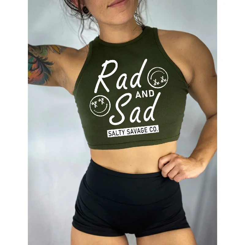 Salty Savage Ladies "RAD and SAD" High Neck Cropped Racerback Tank | Olive/White print tank top