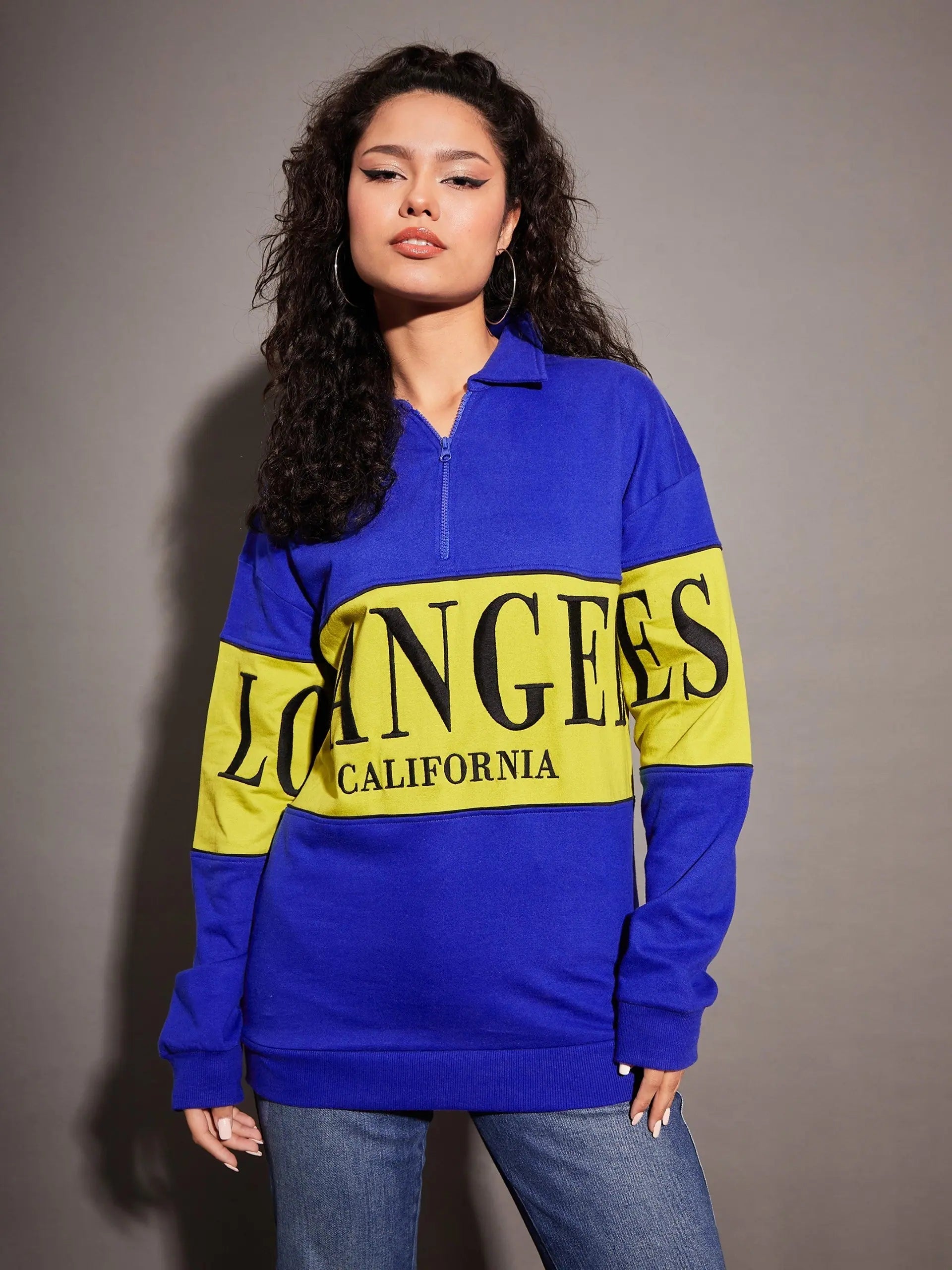 Women Royal Blue Los Angles Colour Block Sweatshirt Hoodie with Gradient Ombre Colorful