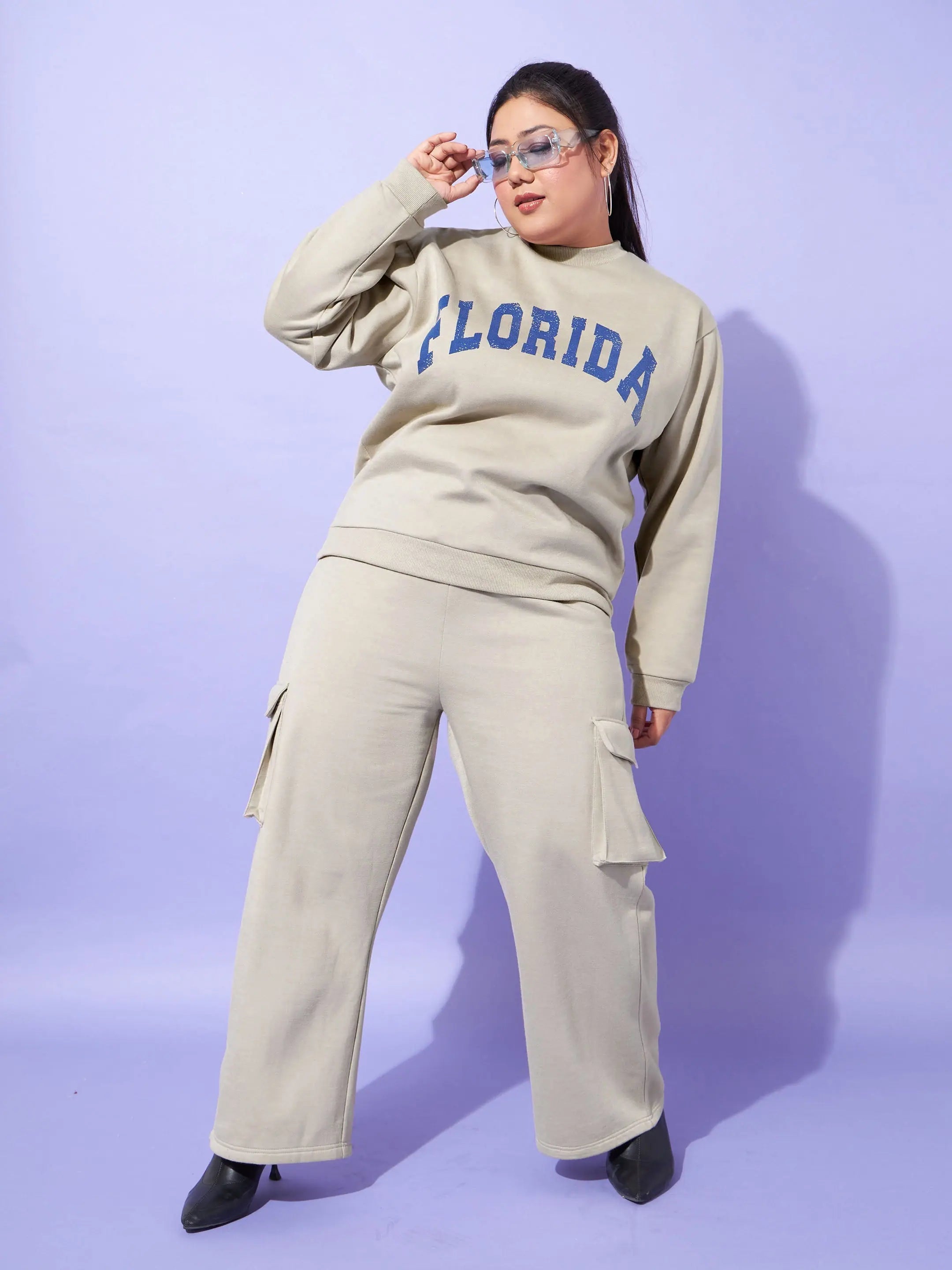 Women Grey Fleece Florida Sweatshirt With Track Pants Hoodie Crop Top Short Trendy