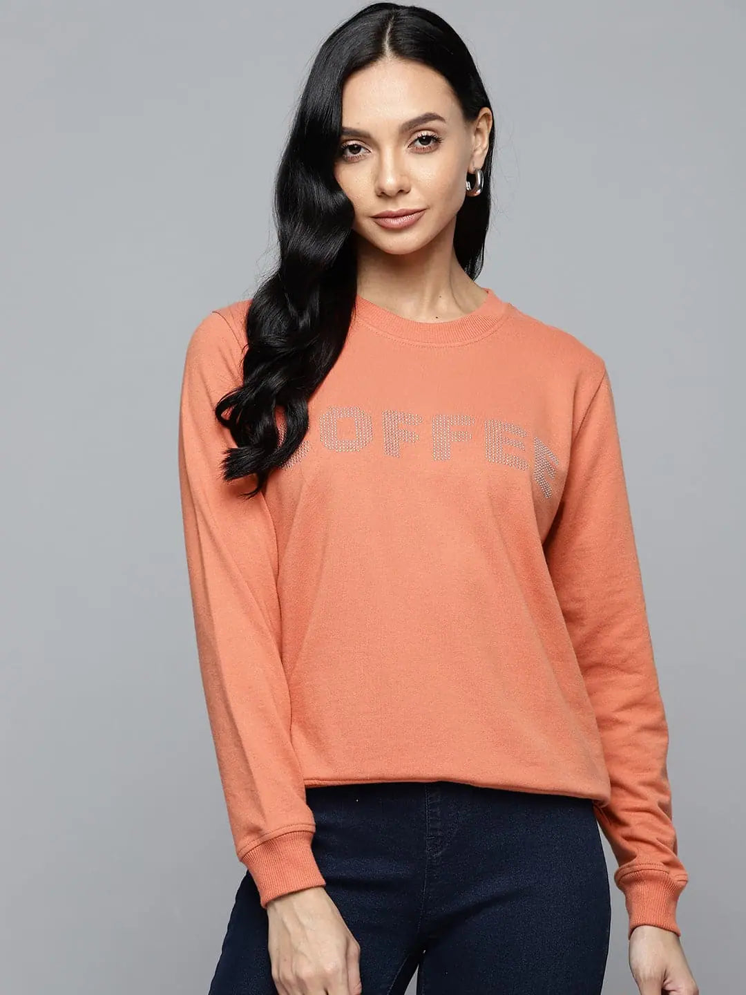 Coral COFFEE Studded Terry Sweatshirt Hoodie with Stripes Bold Sporty