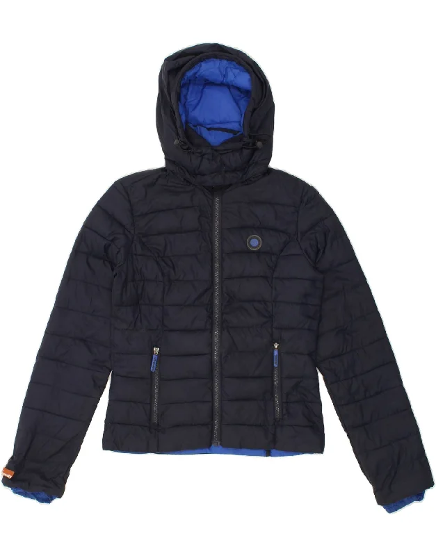 SUPERDRY Womens Hooded Padded Jacket UK 6 XS Navy Blue Nylon Hoodie Zip-Up Jacket Button-Up Jacket