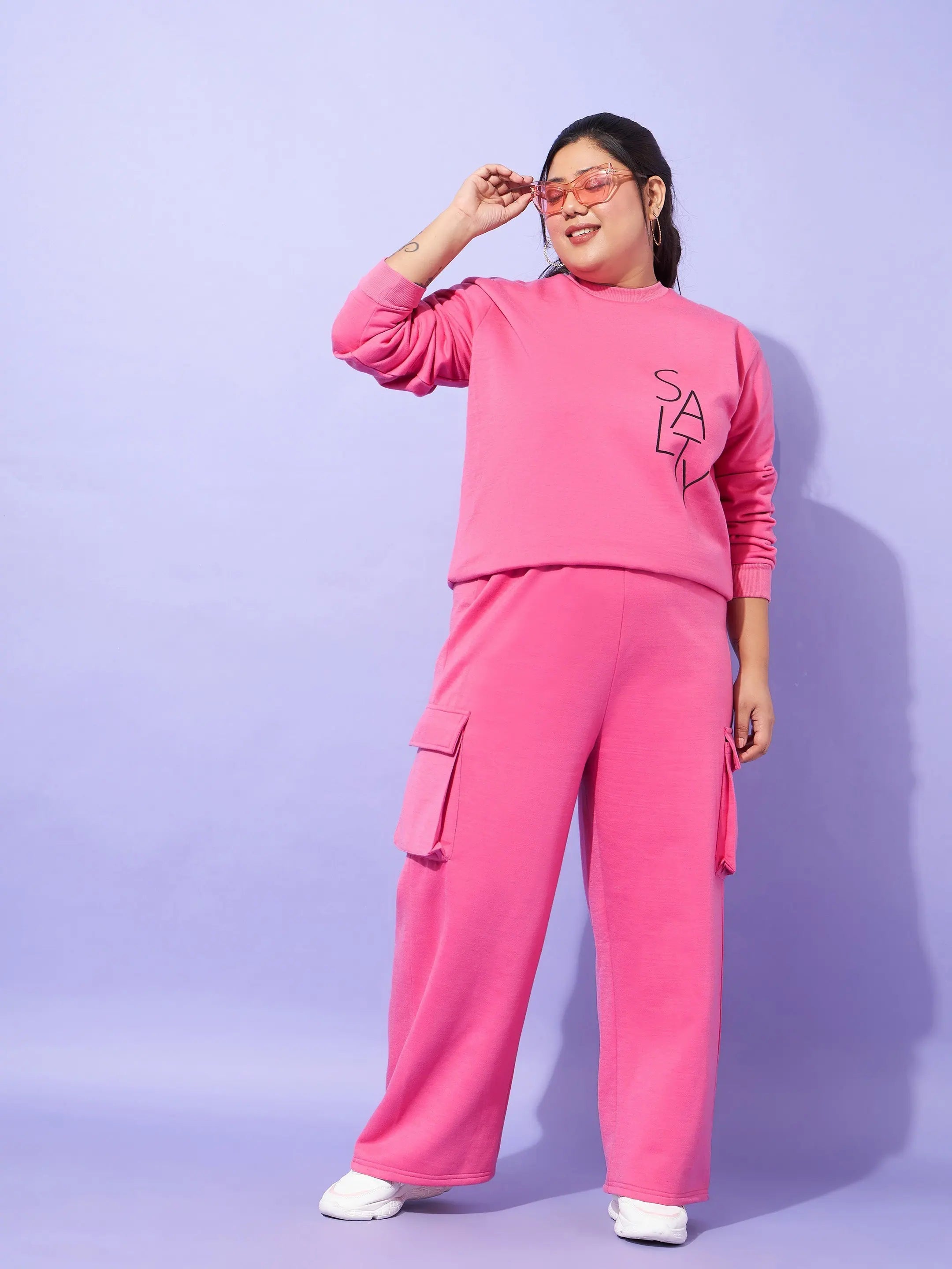 Women Pink Fleece Salty Sweatshirt With Track Pants Hoodie with Logo Branding Identity