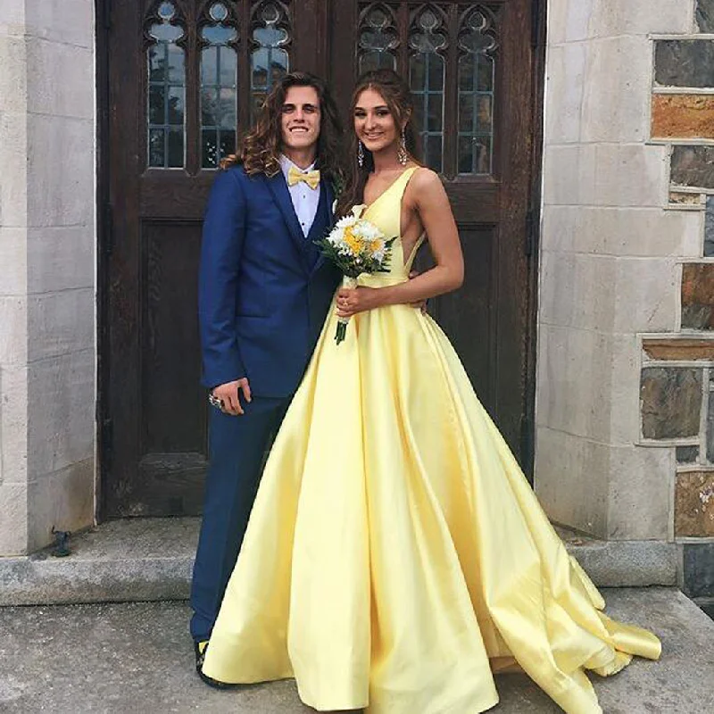 A-Line Satin Prom Dress, Charming Yellow V-Back Prom Dress, KX610 Tunics Plaid country