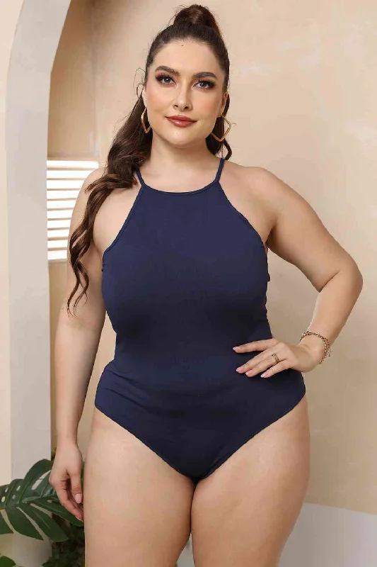 Plus Size Halter Neck Spaghetti Strap Bodysuit Stylish Low-Cut Bodysuit