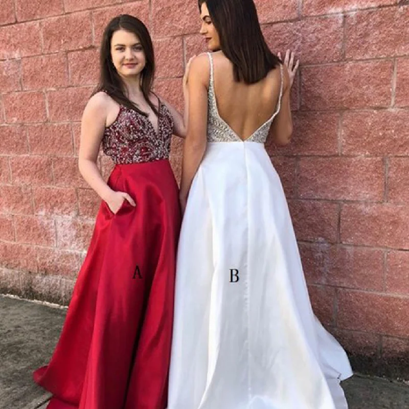 Spaghetti Straps Beaded Top V-Neck Prom Dress, Sexy V-Back Satin Prom Dress, KX458 A-Line Day Work