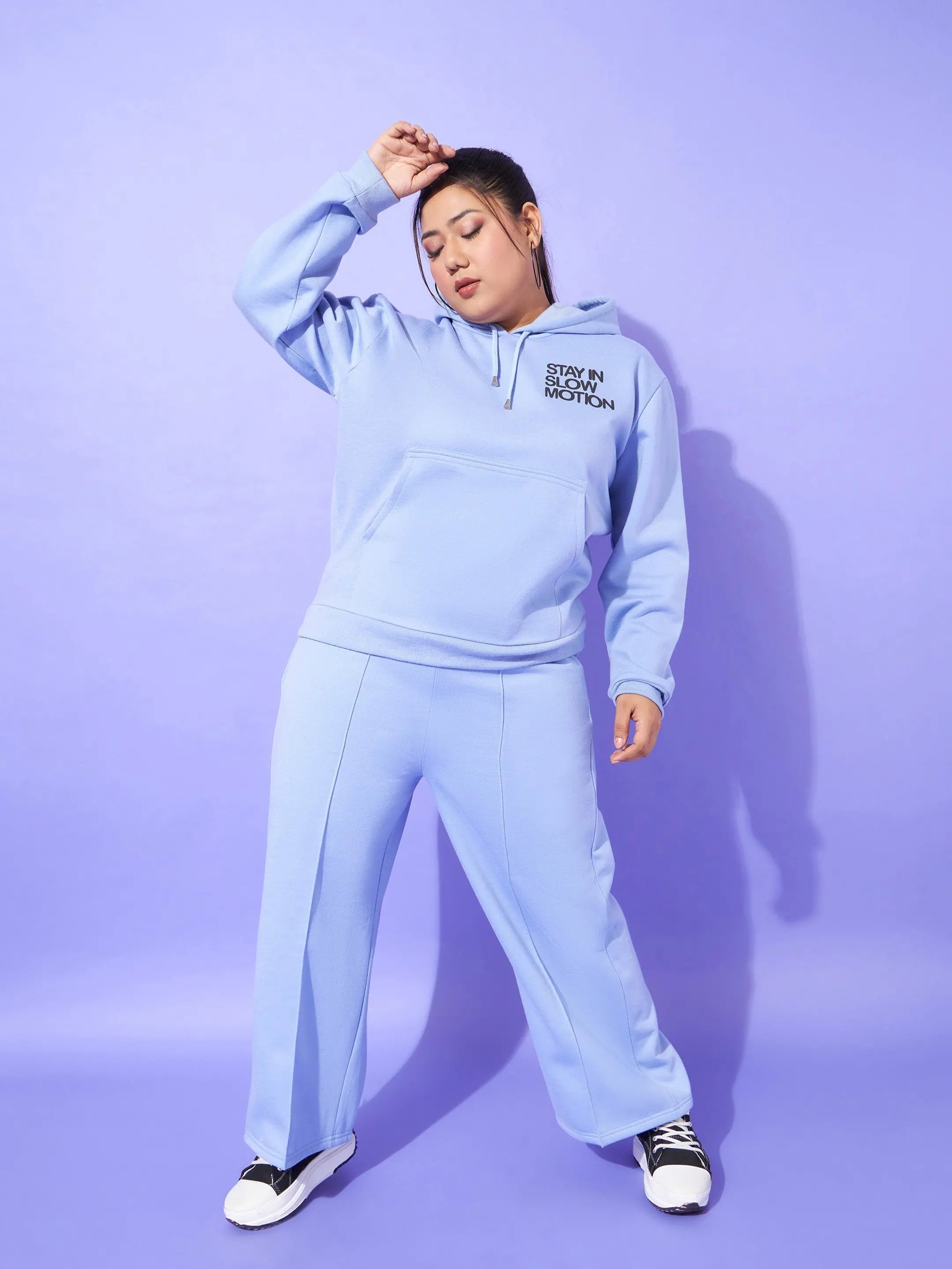 Women Blue Fleece Slow Motion Hoodie With Track Pants Hoodie with Side Slits Relaxed Casual