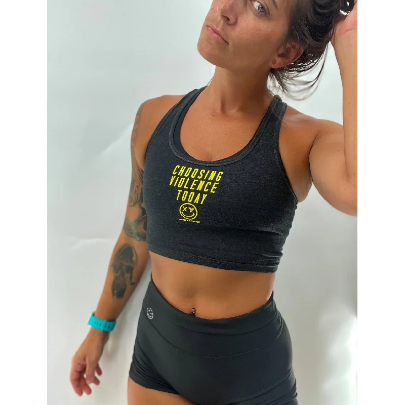 Salty Savage Ladies "CHOOSING VIOLENCE TODAY" Cropped Racerback Tank | Micro | Charcoal/Yellow mesh tank top