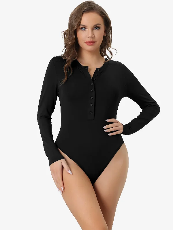 Button Notch Neck Long Sleeve Bodycon Stretchy Bodysuit Stylish Underwear Bodysuit