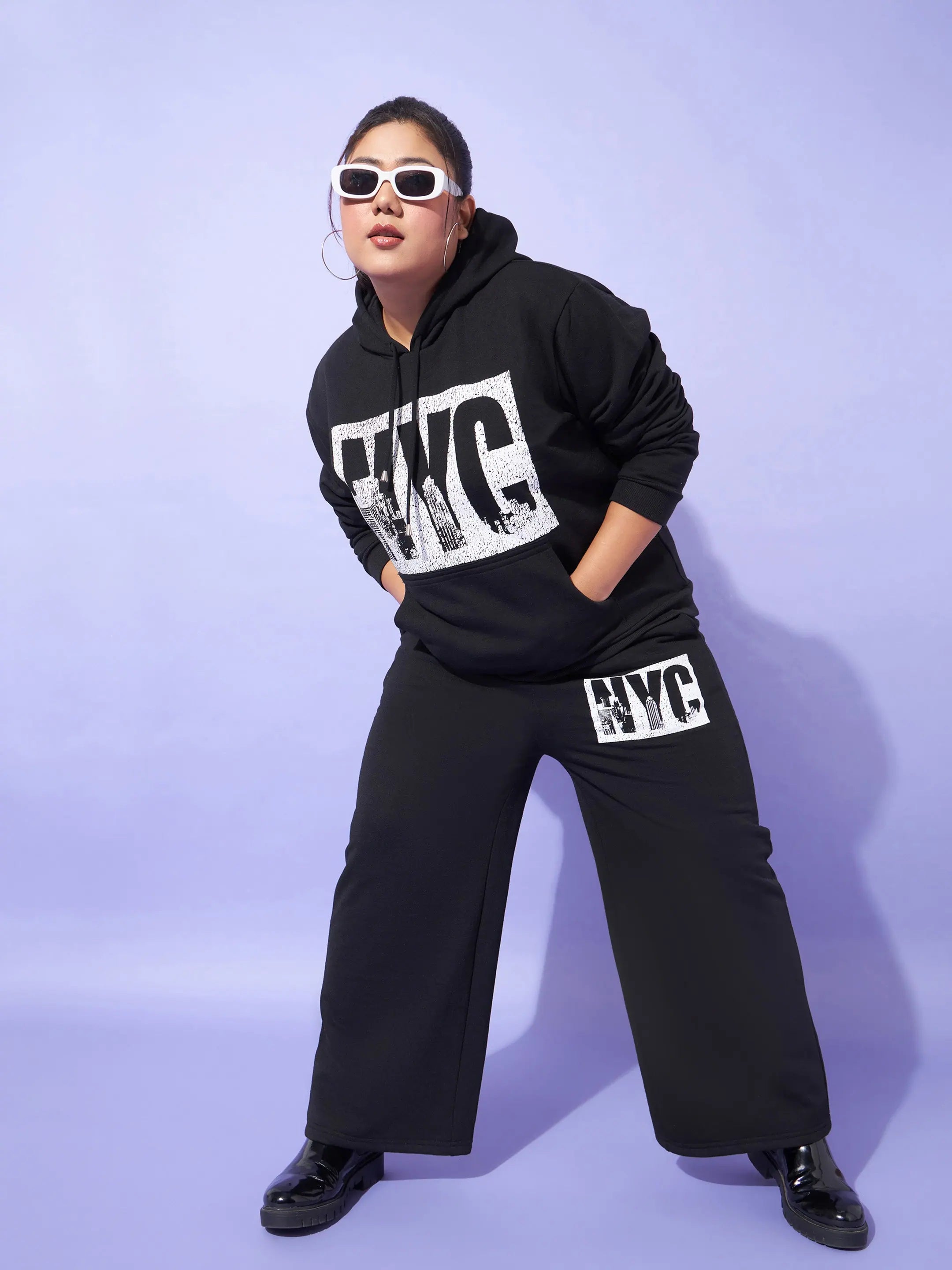 Women Black Fleece Nyc Hoodie With Track Pants Hoodie with Monochrome Minimalist Simple