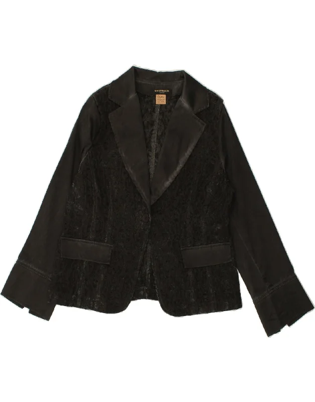 SCHIFFHAUER MUNICH Womens 1 Button Blazer Jacket UK 14 Medium Black Floral Chenille Fabric Brocade Fabric Lace Fabric