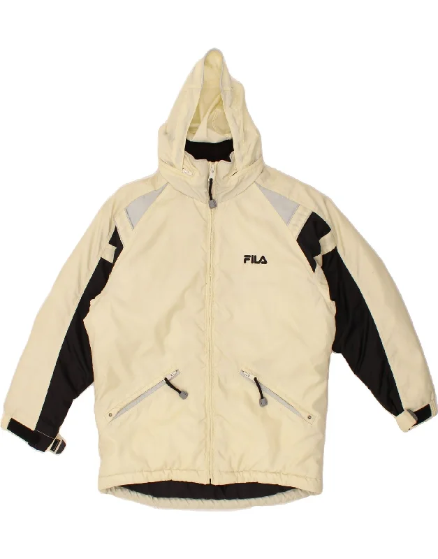 FILA Womens Hooded Windbreaker Jacket UK 14 Medium Beige Colourblock Nylon Herringbone Jacket Houndstooth Jacket Plaid Jacket