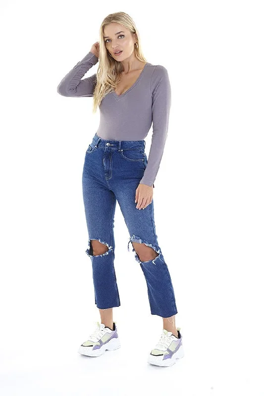 SLATE LONG SLEEVE V-NECK BODYSUIT Trendy Off-Shoulder Bodysuit