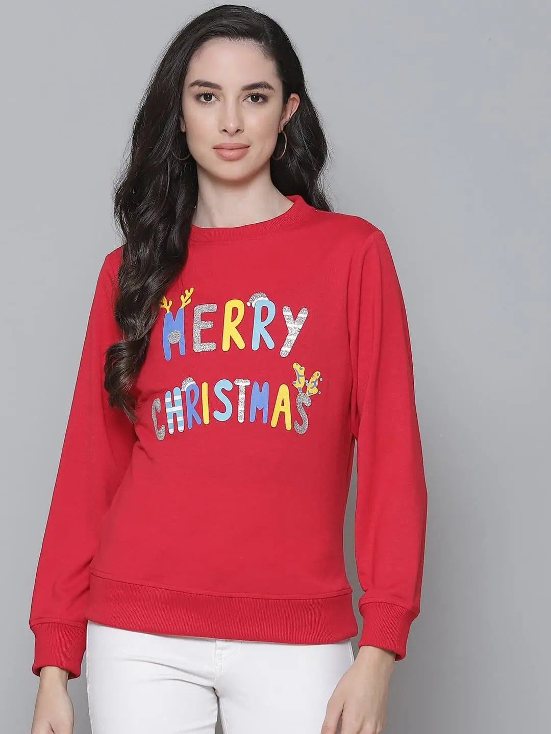 Red Terry MERRY CHRISTMAS Sweatshirt Hoodie with Applique Textured Unique