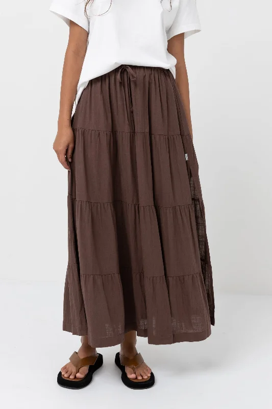 Classic Tiered Maxi Skirt Chocolate zip skirt side