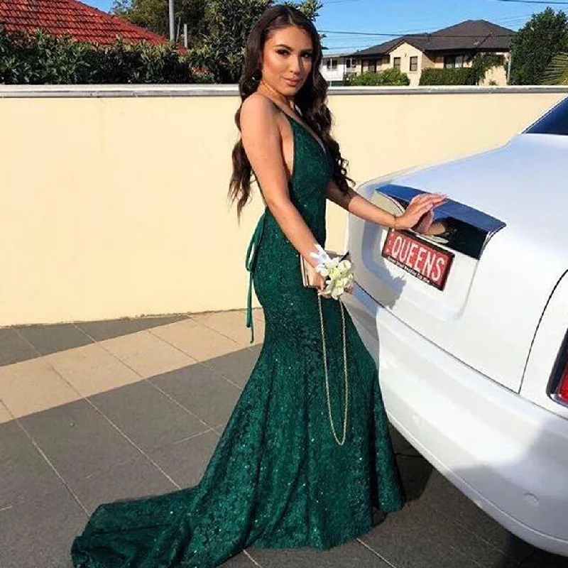 Green Charming Lace Beaded Backless Prom Dress, Mermaid V-Neck Prom Dress, KX471 Tunics Plaid country