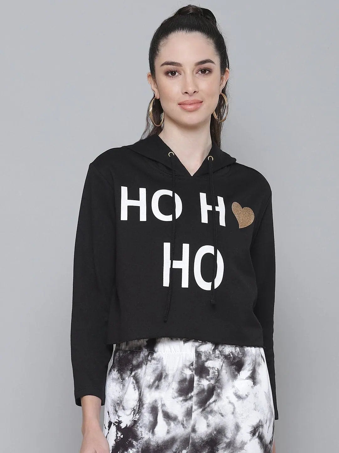 Black Terry HO HO Boxy Crop Hoodie Hoodie with Color Block Contrast Stylish