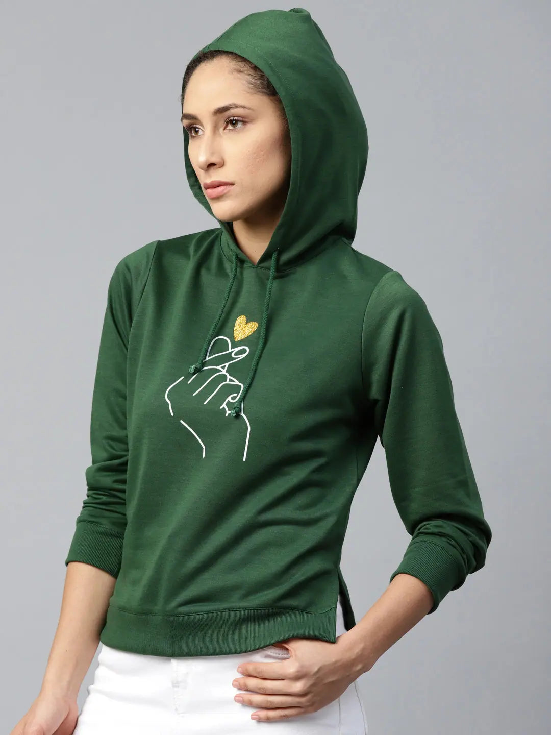 Green Like-Me-Print Sweatshirt Hoodie with Bell Sleeves Flared Feminine