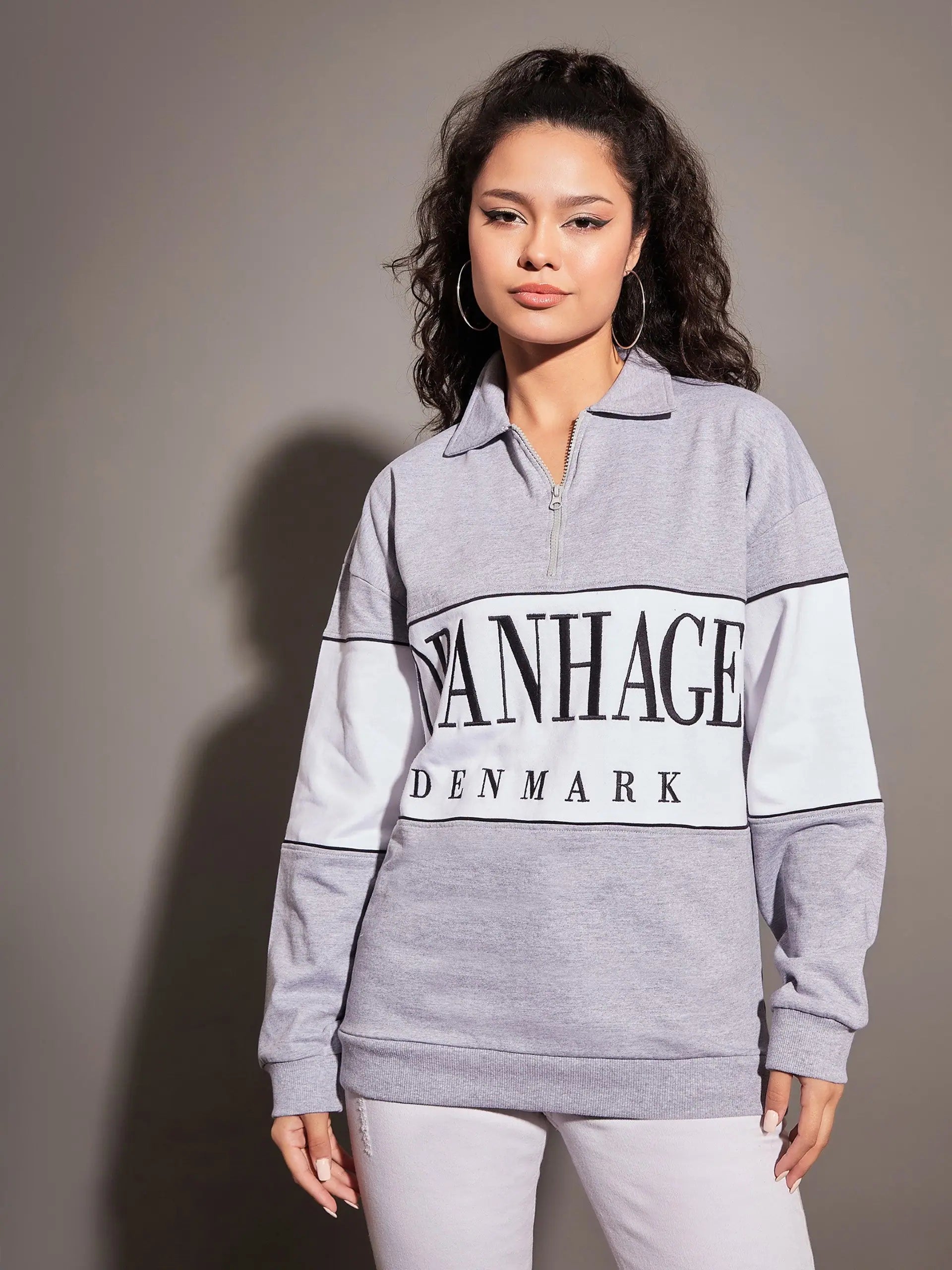 Women Grey Melange Copenhagen Colour Block Sweatshirt Hoodie with Metallic Shiny Futuristic