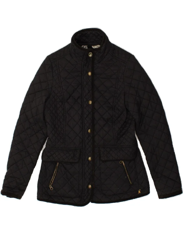 JOULES Womens Quilted Jacket UK 10 Small Black Zippered Front Buttoned Front Snap Front