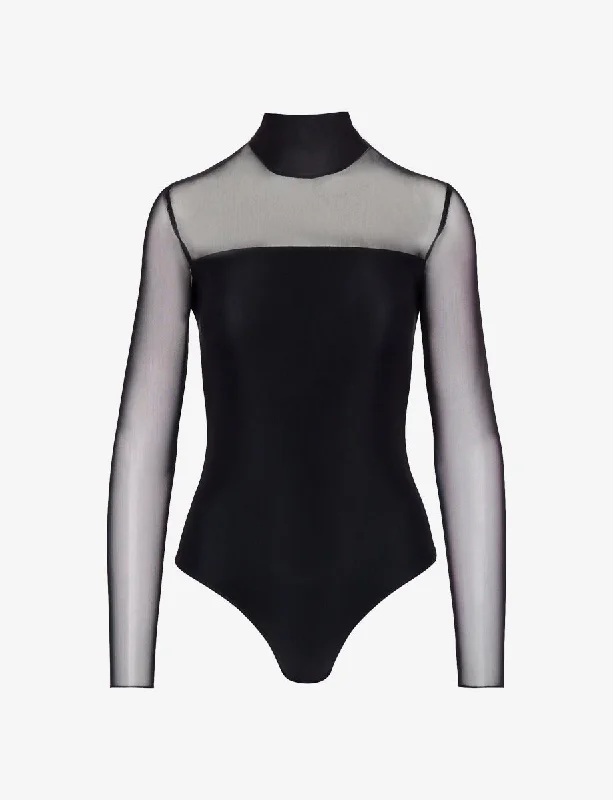 Chic Mesh Mockneck Long Sleeve Covered Bodysuit Fashionable Turtleneck Bodysuit