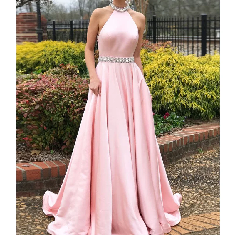 Pink A-Line Satin Prom Dresses, Beaded Backless Vintage Prom Dresses, KX599 Tunics Silk luxurious