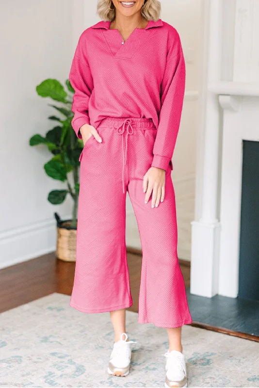 Bonbon Solid Textured Collared V Neck Top and Wide Leg Pants Set High-Waist Trousers