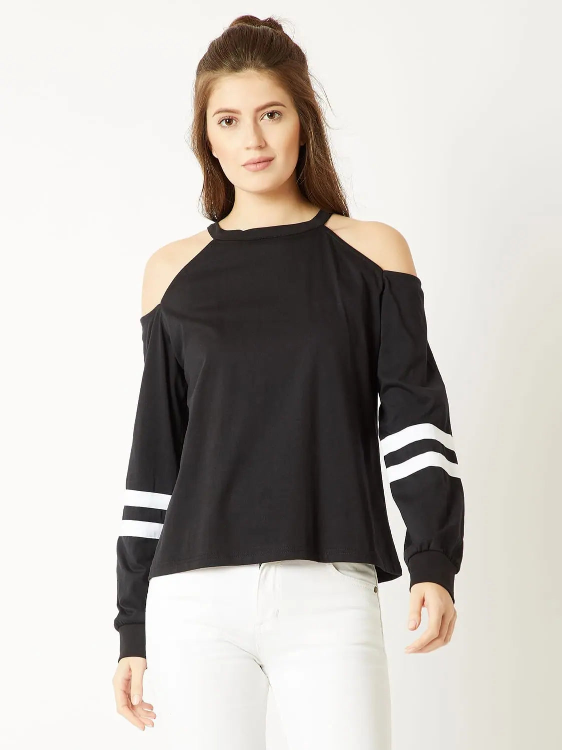 Sweatshirt Black With White Stripe Colour Hoodie with Mock Neck Collared Structured