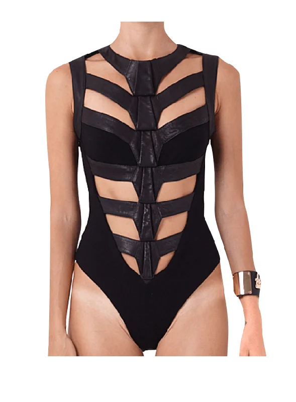 Onyx Leather Bodysuit Fashionable Bodysuit with Frill Detail