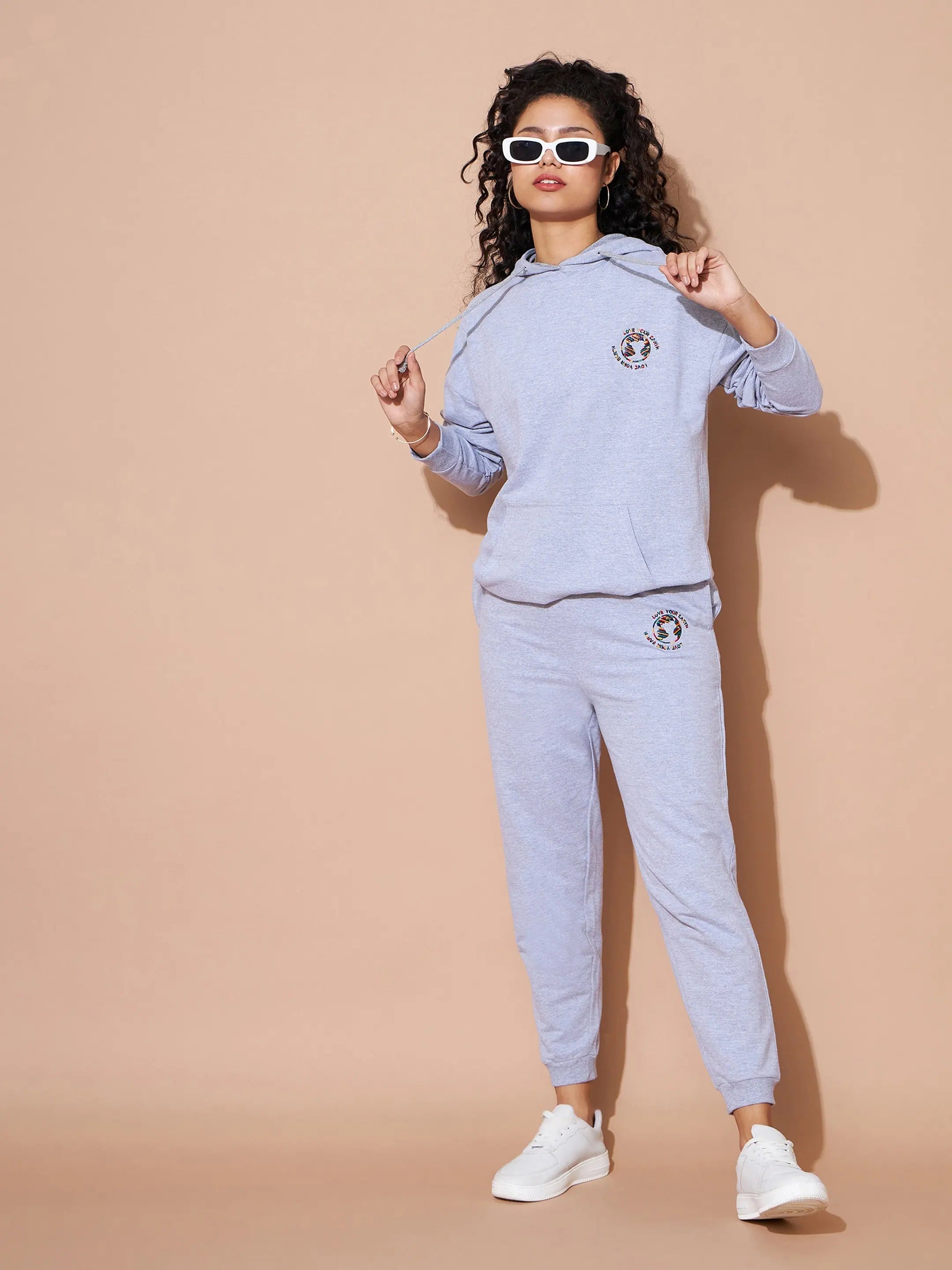 Women Grey Embroidered Oversized Hoodie With Track Pants Hoodie with Earth Tones Natural Calm