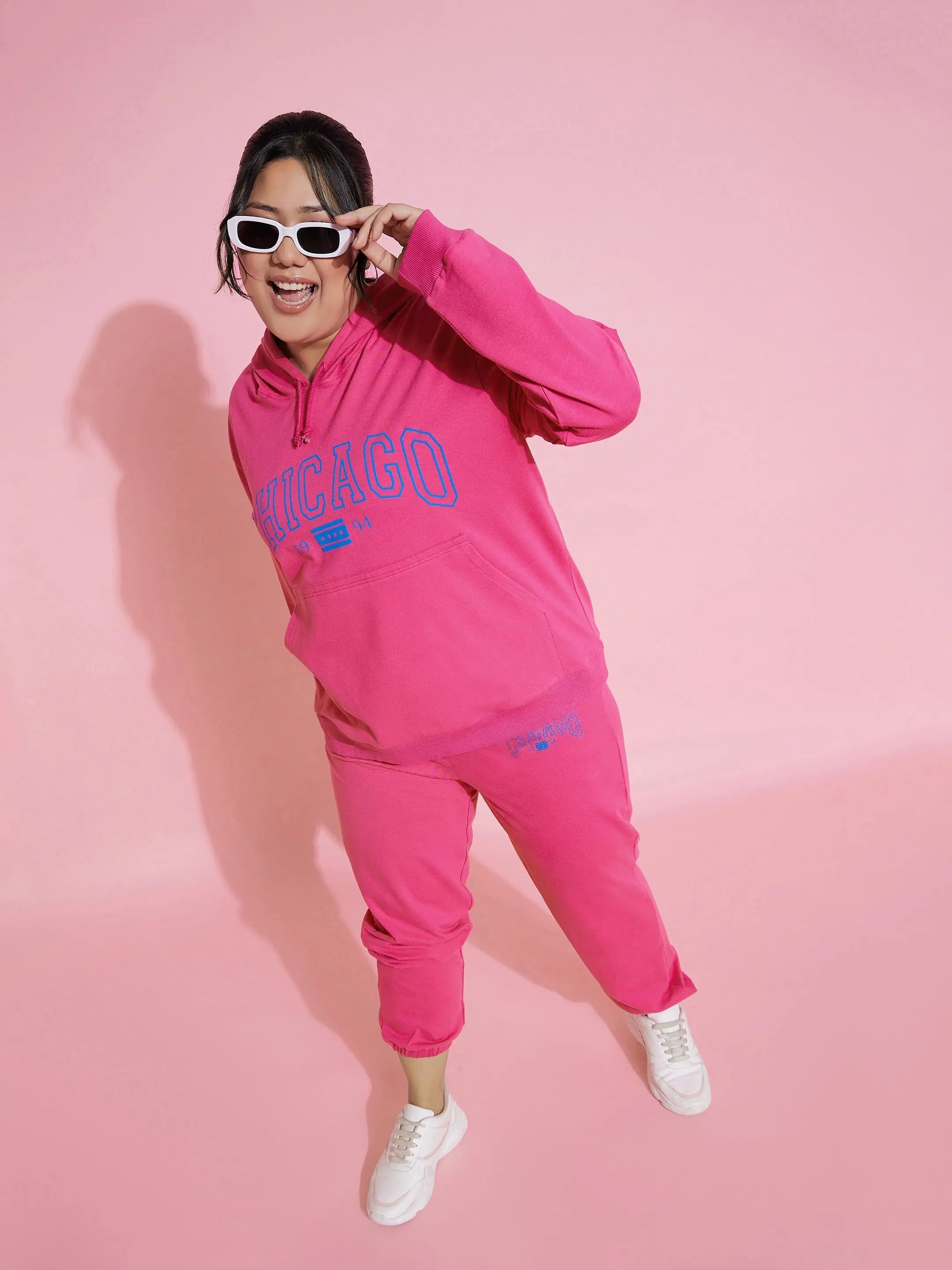 Women Pink Chicago Terry Hoodie With Joggers Hoodie with High-Low Hem Asymmetrical Trendy