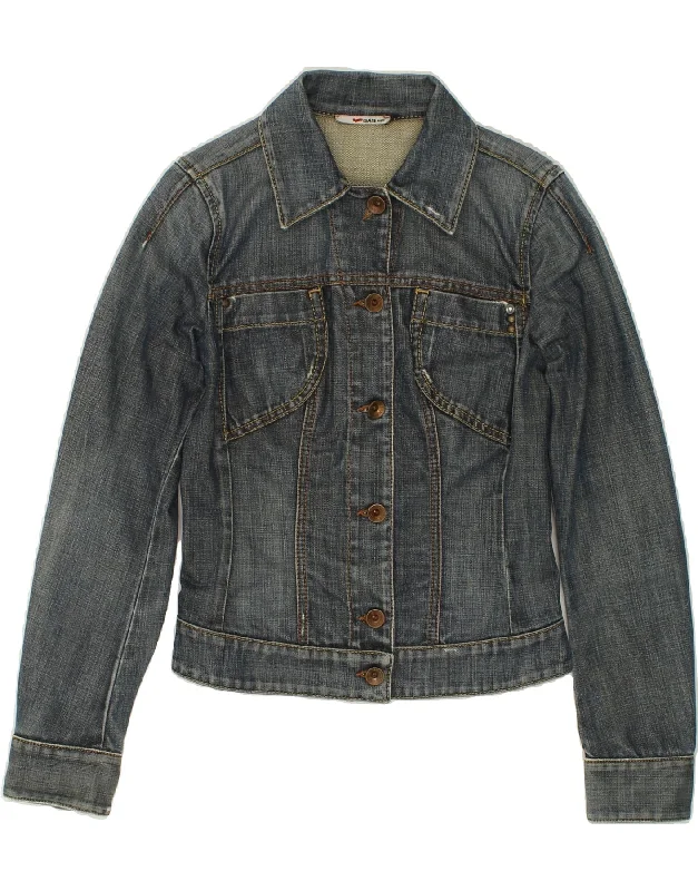 GAS Womens Crop Denim Jacket UK 10 Small Blue Cotton Denim Fabric Leather Fabric Suede Fabric