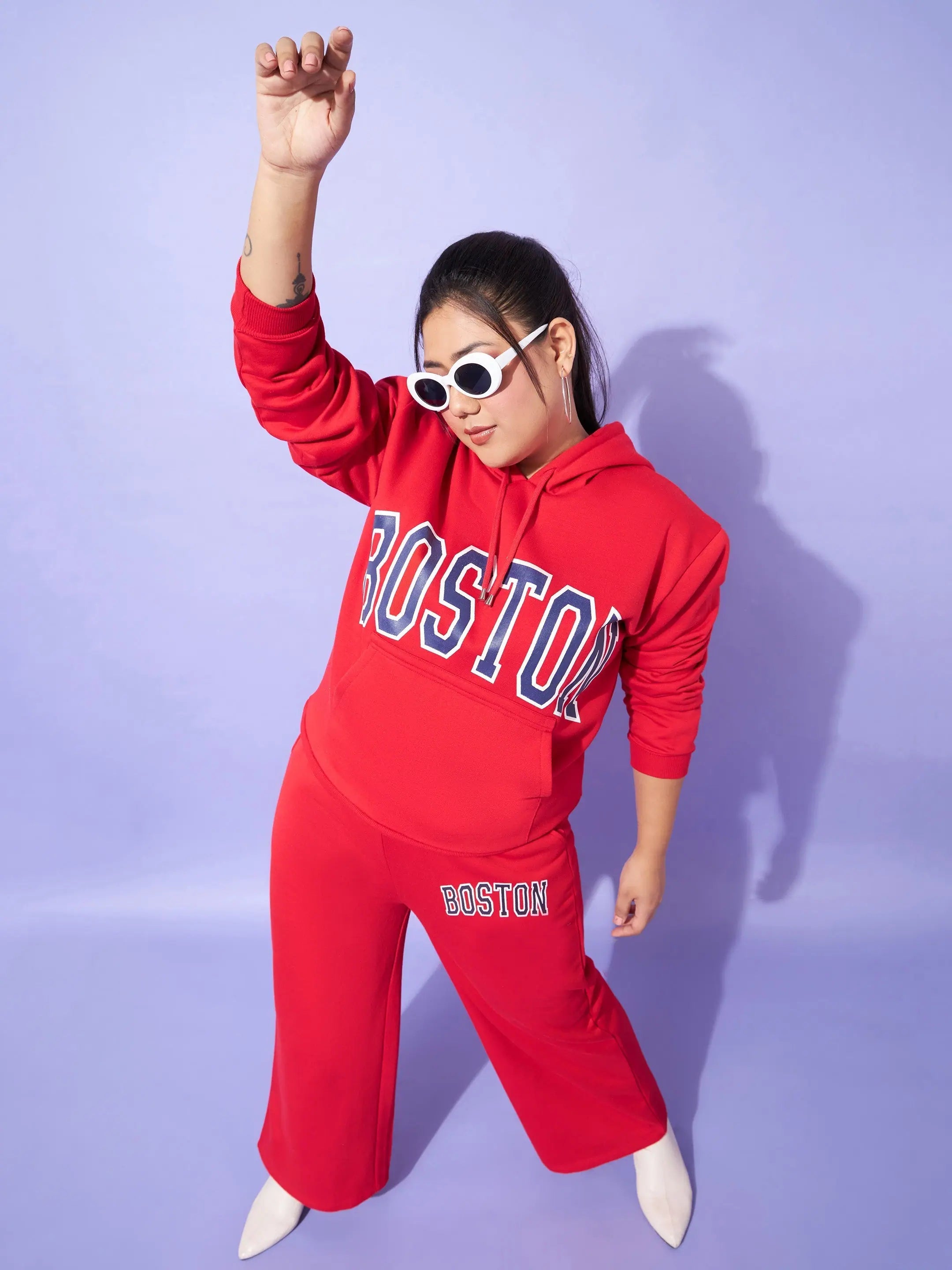 Women Red Fleece Boston Hoodie With Track Pants Hoodie with Slit Hem Functional Movement