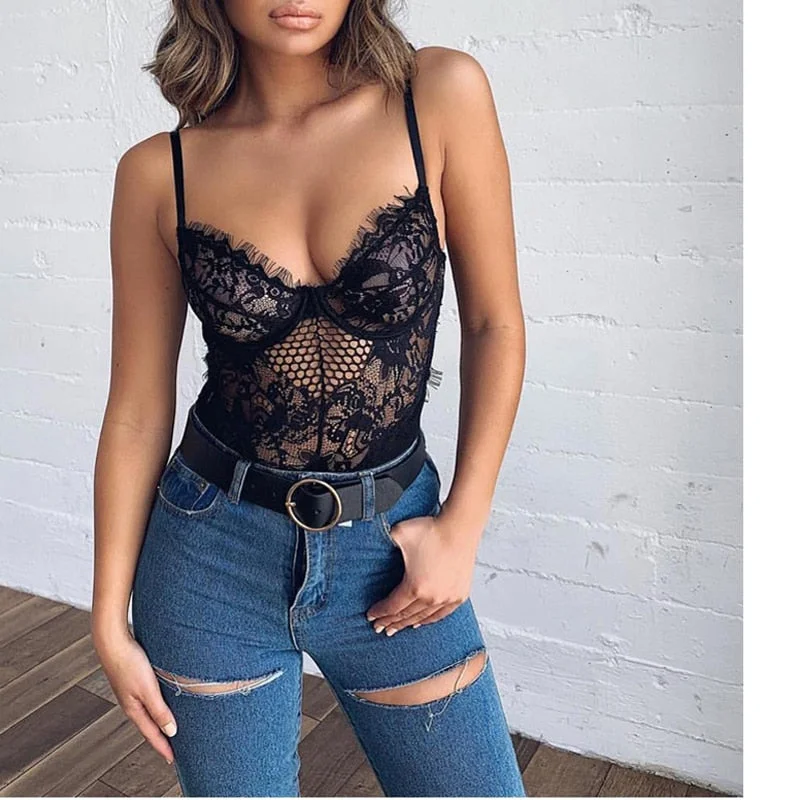 Women Bodysuit Sexy Lace Sleeveless Mesh Floral See-through Hollow Out Underwear Ladies Outfit Clothing Comfortable Sports Bodysuit