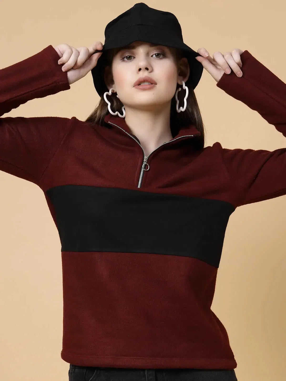 Rigo Colorblock High Neck Sweatshirt Hoodie with Metallic Shiny Futuristic