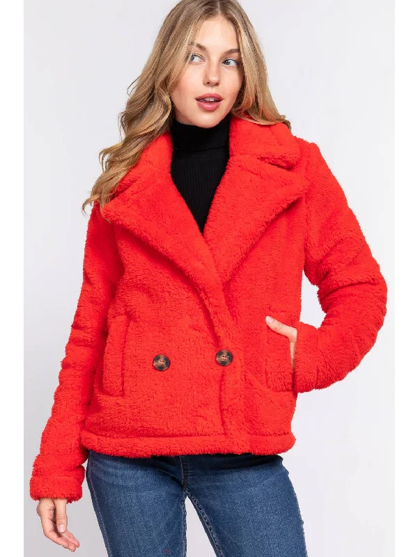 NOTCHED COLLAR SHERPA JACKET Zippered Jacket Buttoned Jacket Snapped Jacket