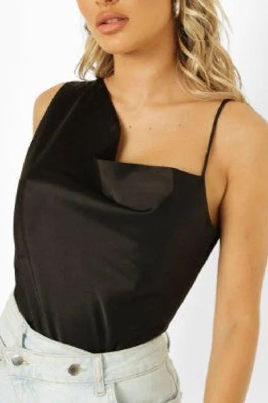 Black Cowl Neck Asymmetric Satin Bodysuit Top Comfortable Bodysuit with Thong Back