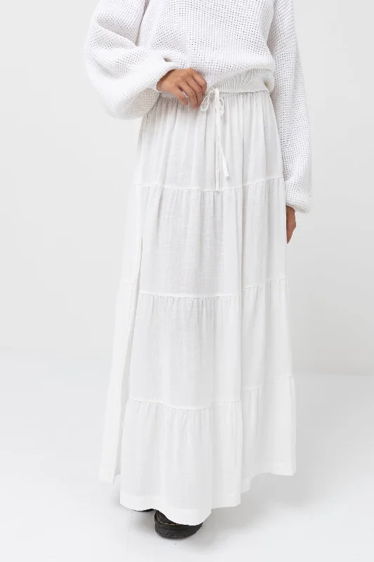 Classic Tiered Maxi Skirt White ruffled skirt detail