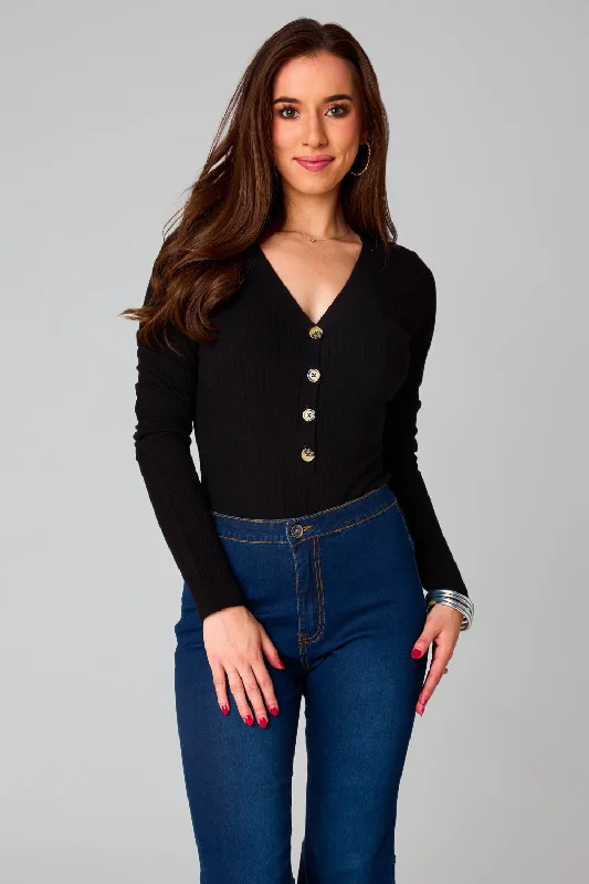 Holly Long Sleeve Button Up Bodysuit - Black Fashionable Turtleneck Bodysuit