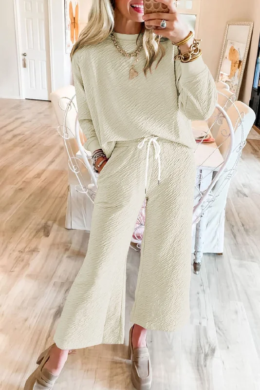 White Textured Long Sleeve Top Drawstring Pants Set Fashionable Track Pants