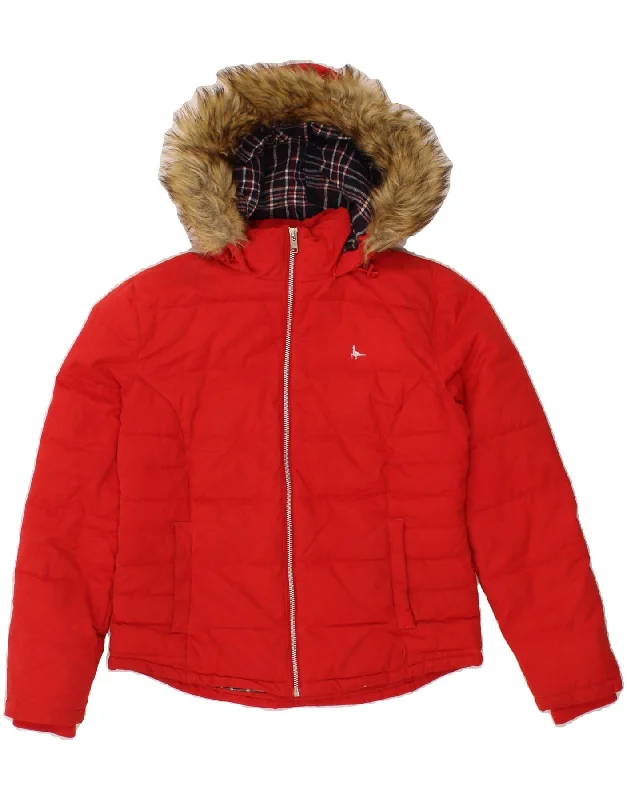 JACK WILLS Womens Hooded Padded Jacket UK 8 Small  Red Polyester Zip Front Button Front Snap Front