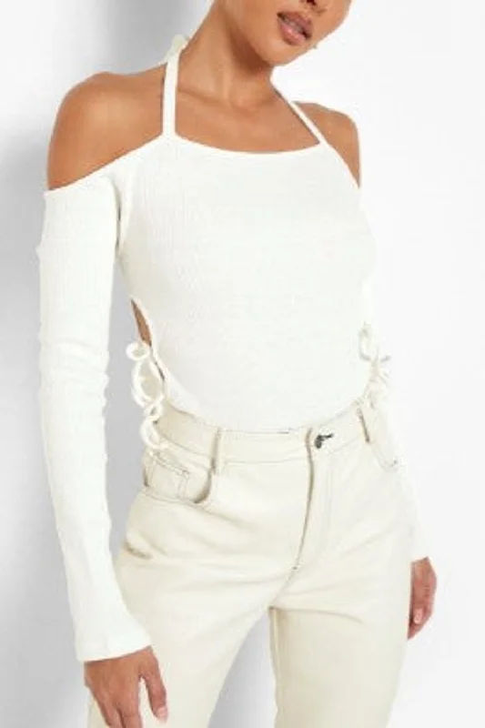 White Poly Cut Out Bodysuit Top Trendy Bodysuit with Frills