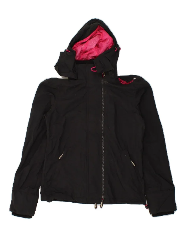 SUPERDRY Womens Hooded Windbreaker Jacket UK 10 Small Black Nylon Ribbed Jacket Pleated Jacket Ruffled Jacket